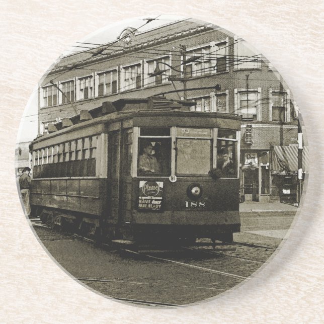 CHICAGO 63RD AND WESTERN 1952 TROLLEY ART SEPIA DRINK COASTER (Front)