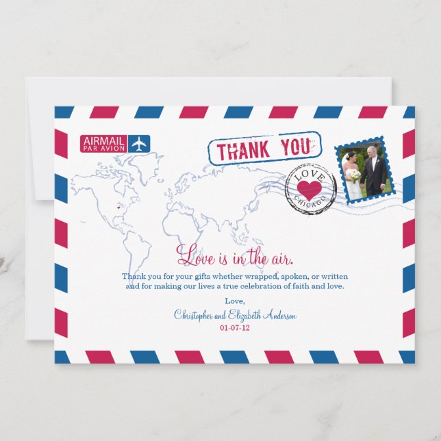 Chicago Airmail Wedding Thank You Card (Front)
