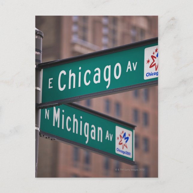 Chicago and Michigan Avenue signposts, Chicago, Postcard (Front)
