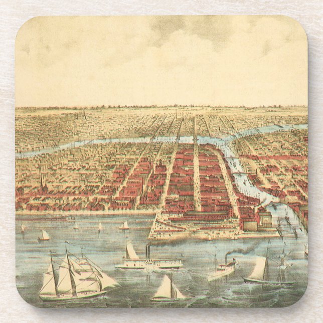 Chicago Antique Map, LaSalle Street and River Beverage Coaster (Front)