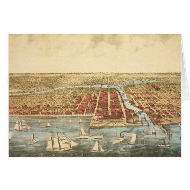 Chicago Antique Map, LaSalle Street and River Cards (Front Horizontal)