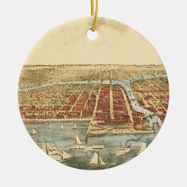 Chicago Antique Map, LaSalle Street and River Ceramic Ornament (Front)