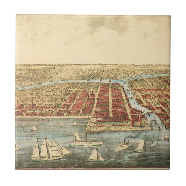 Chicago Antique Map, LaSalle Street and River Ceramic Tile (Front)