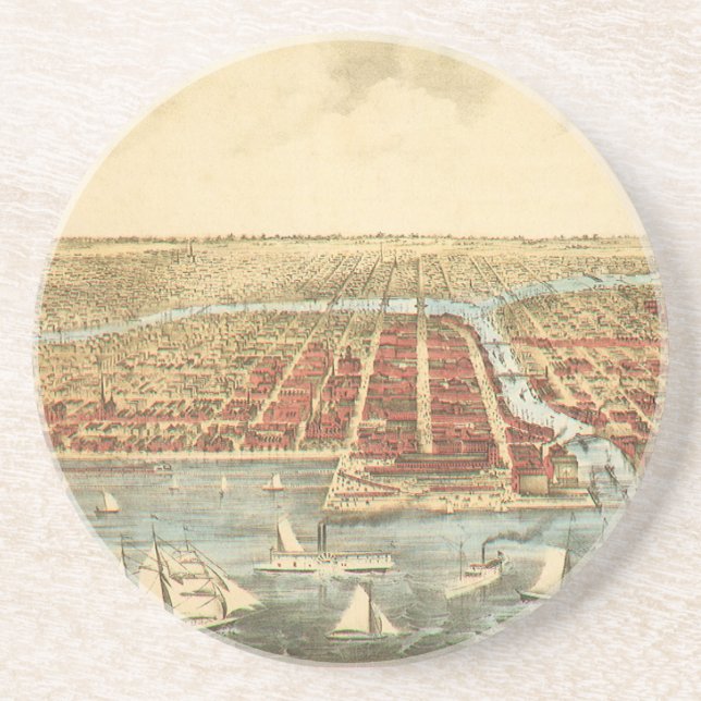 Chicago Antique Map, LaSalle Street and River Drink Coaster (Front)
