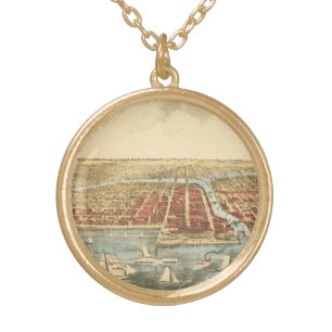 Chicago Antique Map, LaSalle Street and River Gold Plated Necklace