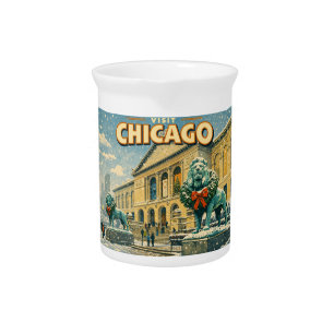 Chicago Art Institute in winter poster Beverage Pitcher
