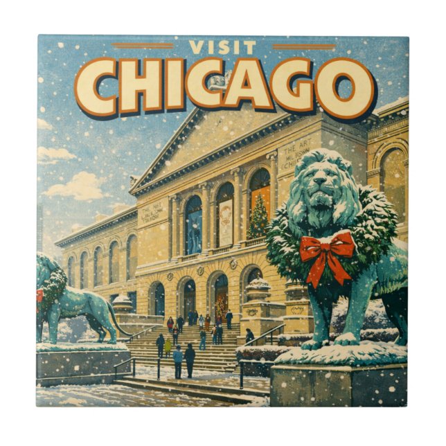 Chicago Art Institute in winter poster Ceramic Tile (Front)