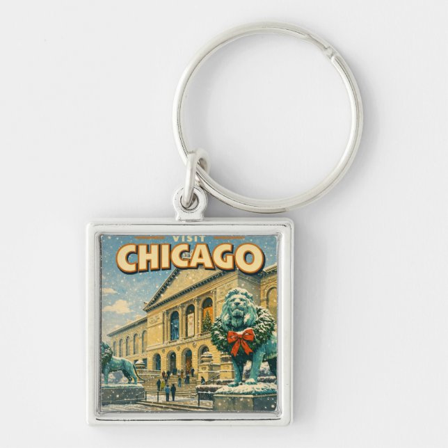 Chicago Art Institute in winter poster Keychain (Front)