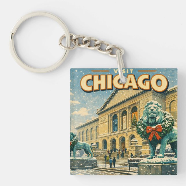 Chicago Art Institute in winter poster Keychain (Front)