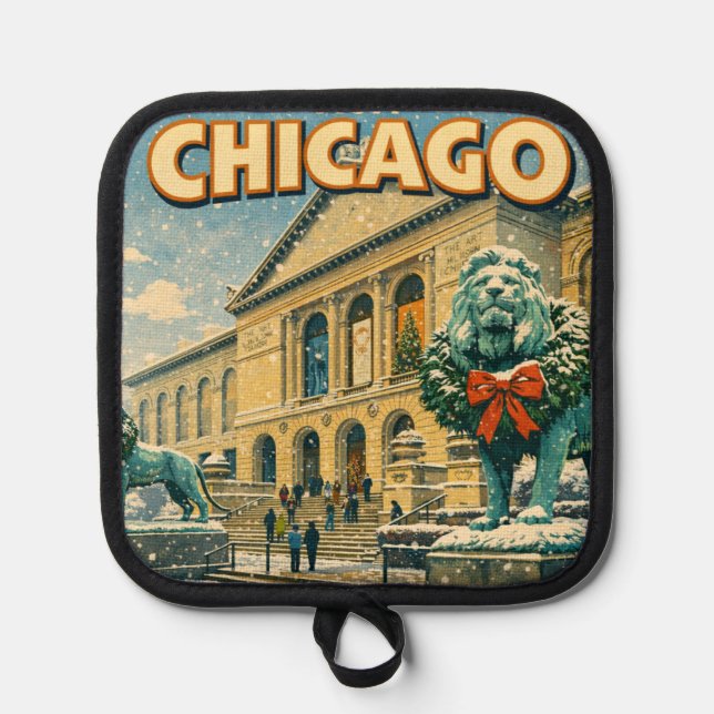 Chicago Art Institute in winter poster Pot Holder (Front)
