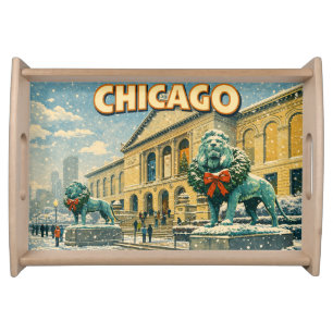 Chicago Art Institute in winter poster Serving Tray