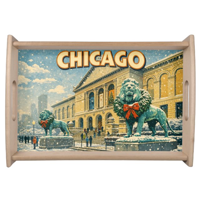 Chicago Art Institute in winter poster Serving Tray (Front)