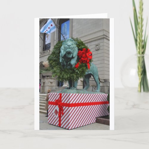 Chicago Art Institute Lion Decorated for Christmas Holiday Card