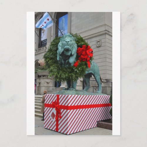 Chicago Art Institute Lion Decorated for Christmas Holiday Postcard