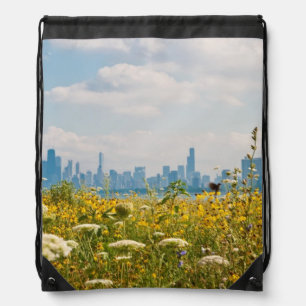 Chicago as seen from Montrose Harbor's bird Drawstring Bag