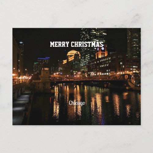 Chicago at Night Merry Christmas Holiday Postcard