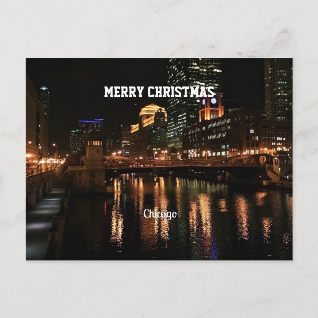 Chicago at Night, Merry Christmas! Holiday Postcard (Front)
