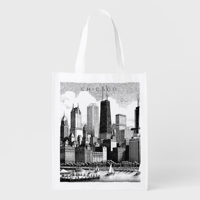 Chicago Black White Reusable Grocery Shopping Bag (Front)