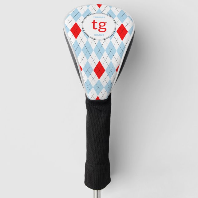 Chicago Blue & Red Argyle Pattern Modern Monogram Golf Head Cover (Front)
