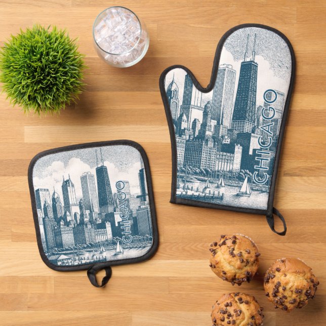 Chicago Blue White Oven Mitt & Pot Holder Set (Top Down)