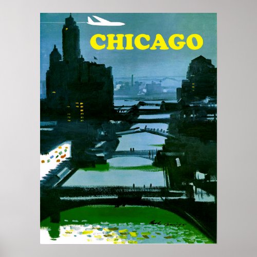 Chicago bridges night flight vintage travel poster