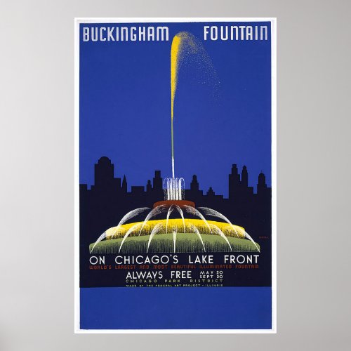 Chicago Buckingham Fountain Vintage WPA Poster