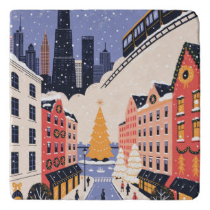Chicago Christmas Retro Travel Poster Trivet