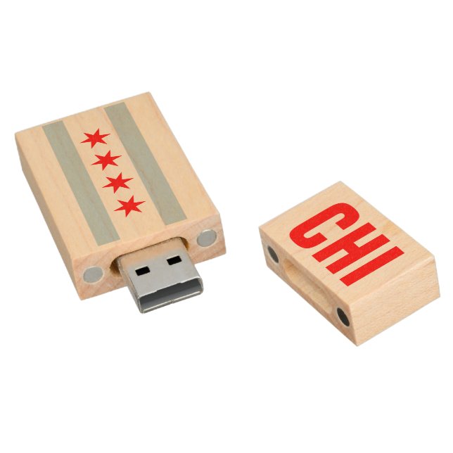 Chicago city flag wood stick USB flash drive (Angled)