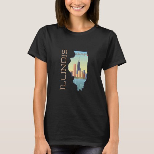 Chicago City Skyline In Illinois State Map  T_Shirt