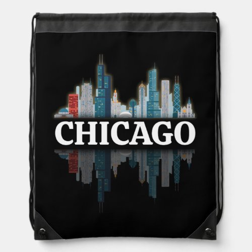 Chicago City Skyline Lights At Night Drawstring Bag
