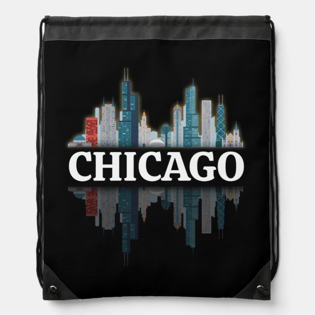 Chicago City Skyline Lights At Night Drawstring Bag (Front)