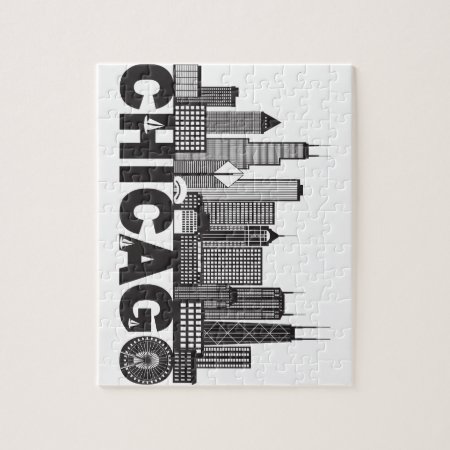 Chicago City Skyline Text Black And White Jigsaw Puzzle