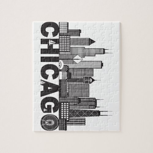 Chicago City Skyline Text Black and White Jigsaw Puzzle