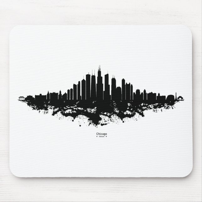 Chicago City Skyline Watercolor Black and White Mouse Pad (Front)