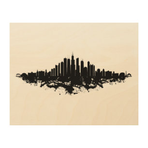 Chicago City Skyline Watercolor Black and White Wood Wall Art