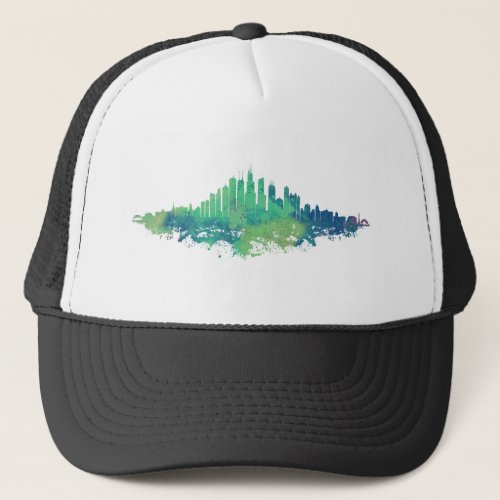 Chicago City Skyline Watercolor in blue and green Trucker Hat