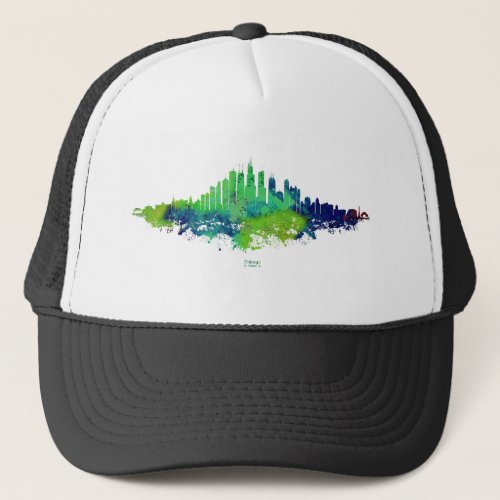 Chicago City Skyline Watercolor in blue and lime Trucker Hat