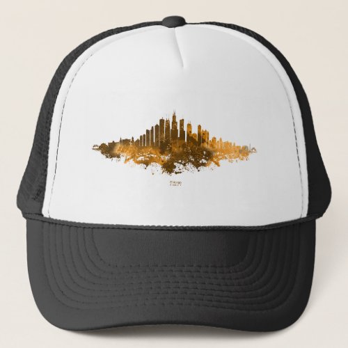 Chicago City Skyline Watercolor in orange Trucker Hat