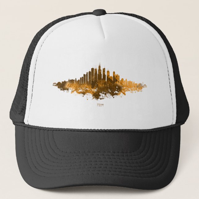 Chicago City Skyline Watercolor in orange Trucker Hat (Front)