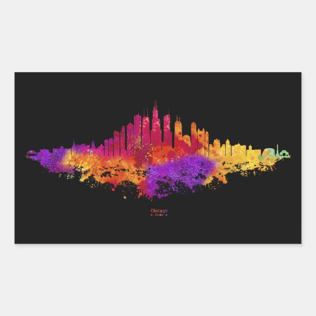 Chicago City Skyline Watercolor on White Rectangular Sticker (Front)