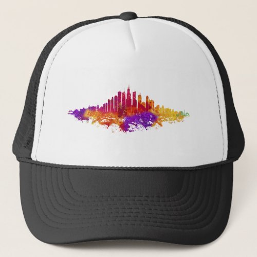 Chicago City Skyline Watercolor on White Trucker Hat