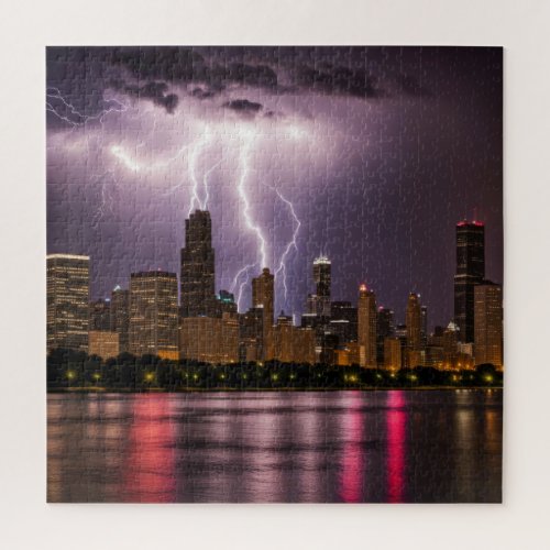 Chicago City Skyscrapers and Lightning Jigsaw Puzzle