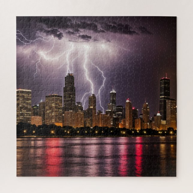 Chicago City Skyscrapers With Lightning Jigsaw Puzzle (Vertical)