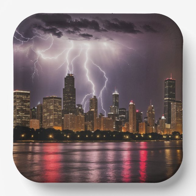 Chicago City Skyscrapers With Lightning Paper Plates (Front)
