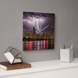Chicago City Skyscrapers With Lightning Square Wall Clock