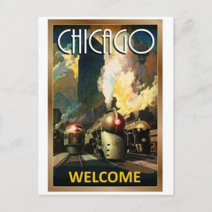 Chicago city, steamtrain, railway vintage travel postcard