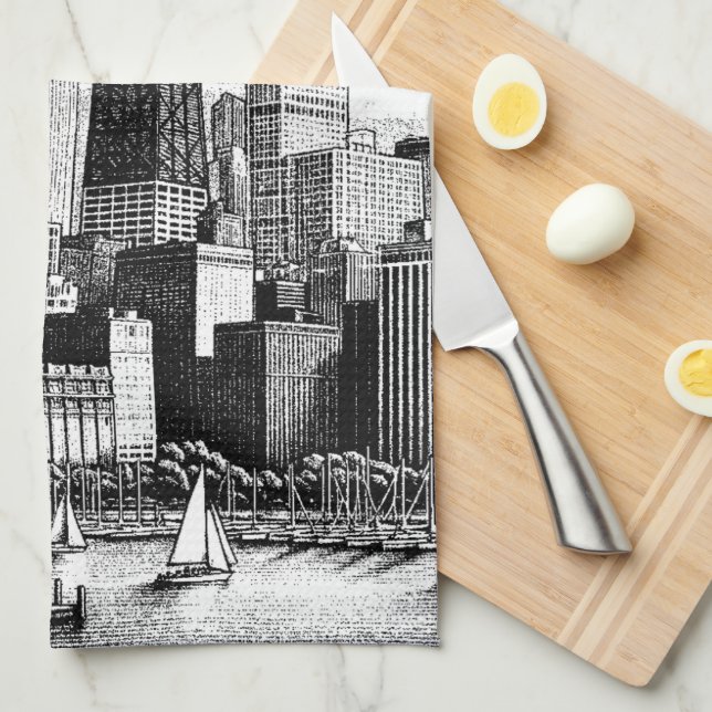 Chicago Cityscape Black White  Kitchen Towel (Quarter Fold)