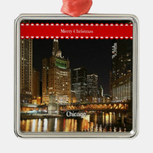 Chicago cityscape, Christmas greetings, Metal Ornament