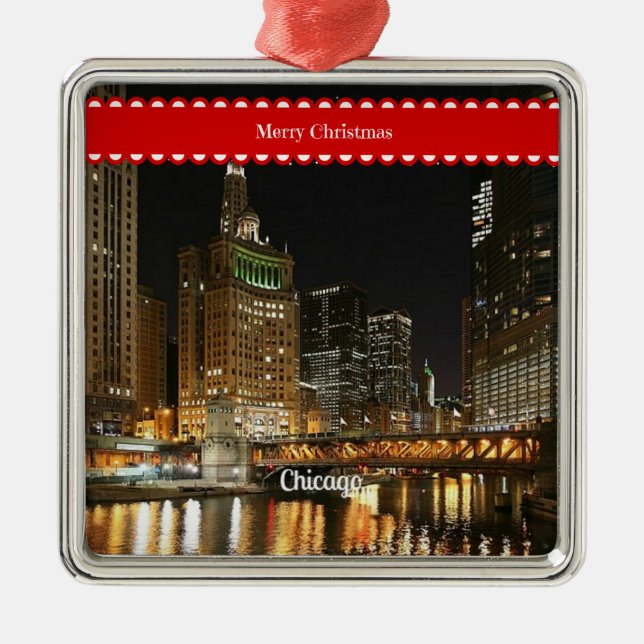 Chicago cityscape, Christmas greetings, Metal Ornament (Front)