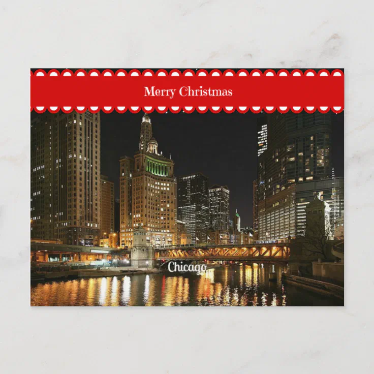 Chicago cityscape, Christmas greetings Postcard | Zazzle
